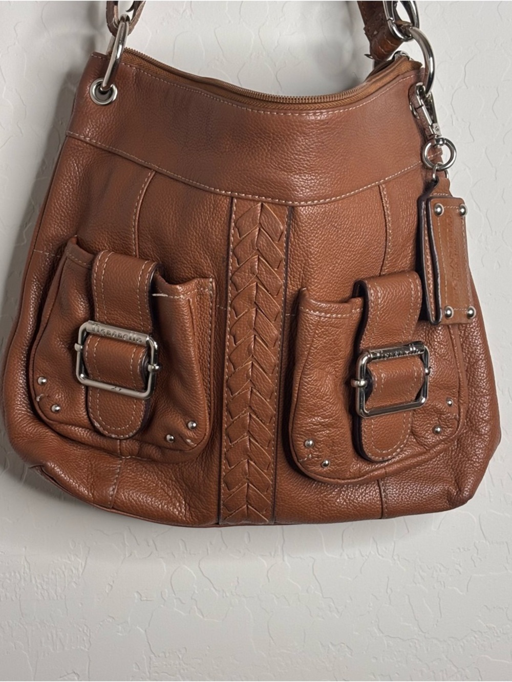 Tignanello Tan Pebbled Leather Shoulder Bag with Buckle Detail Adjustable Strap